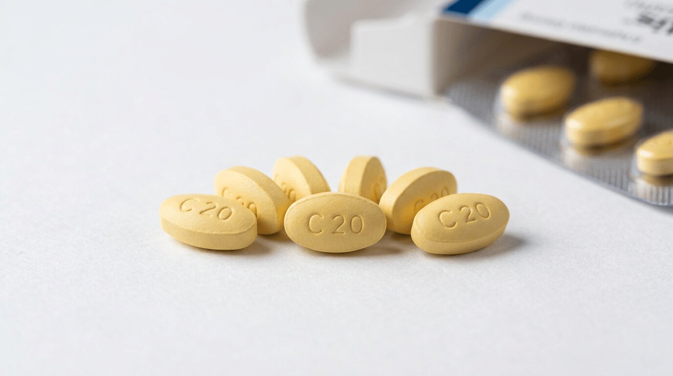 Tadalafil (Cialis) 20 mg tabletleri — sarı oval baskılı ilaç